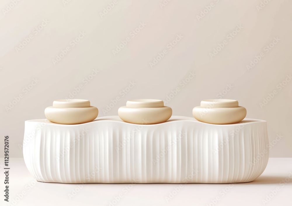 Poster three beige cylindrical objects on a white ribbed platform against a neutral background.