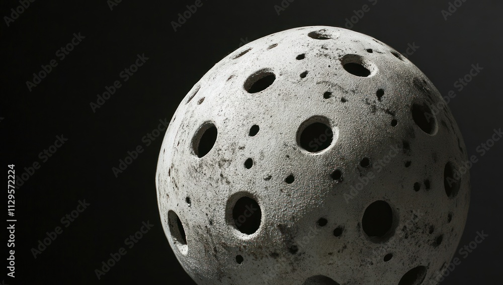 Poster close-up of a textured, porous, white sphere with multiple holes against a dark background.