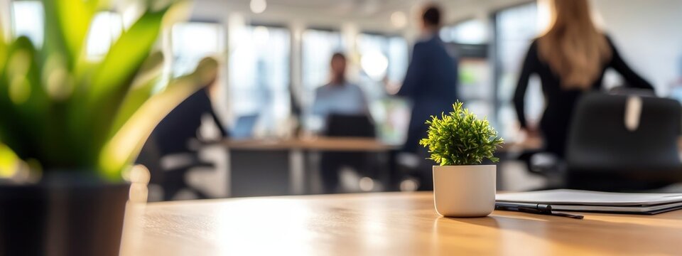 Table en bois avec ordinateurs portables et plante verte sur un arri&egrave;re-plan flou de gens travaillant dans un bureau d'entreprise.
