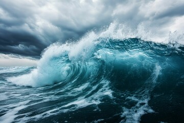Ocean wave crashes under stormy sky.