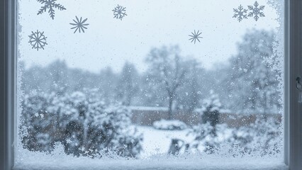 Naklejka premium Winter wonderland Snowflakes on frosty window reveal snowy garden perfect for holiday messages
