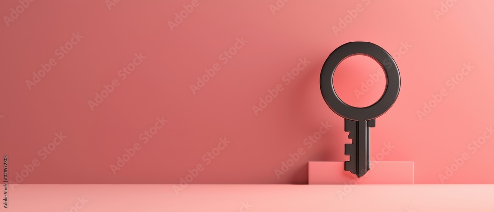 Poster 3d rendering of a black key on a pink background. the key is in the shape of an oval and is placed o