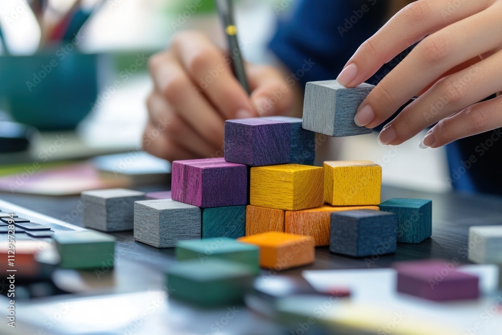 Poster close-up of hands building a colorful wooden block pyramid on a desk.