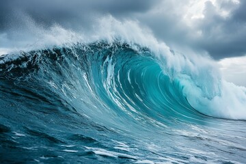 Ocean wave, turquoise, whitecaps, stormy sky.