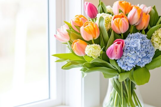 Vibrant floral bouquet featuring orange tulips, pink peonies, and blue hydrangeas elegantly arranged in a glass vase