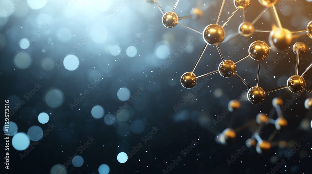 Poster a futuristic display of golden molecules seamlessly connecting and forming dynamic structures, with 