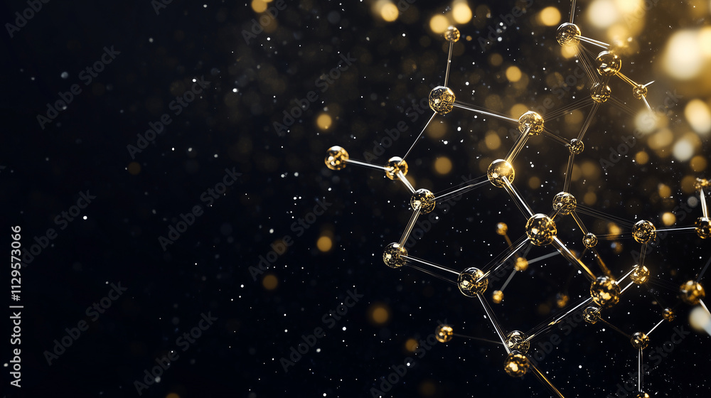 Poster golden molecules with crystalline textures, connected in a geometric web, floating in a mysterious b