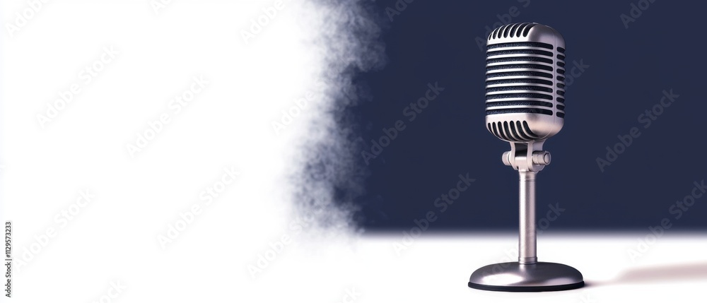 Poster 3d rendering of a vintage microphone on a stand. the microphone is silver in color and has a round s