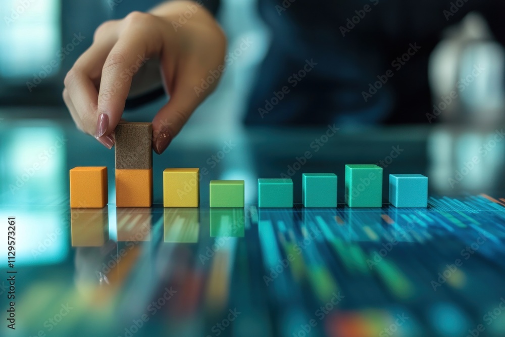 Leinwandbilder Hand placing wooden block on increasing colorful blocks chart on digital tablet screen.
