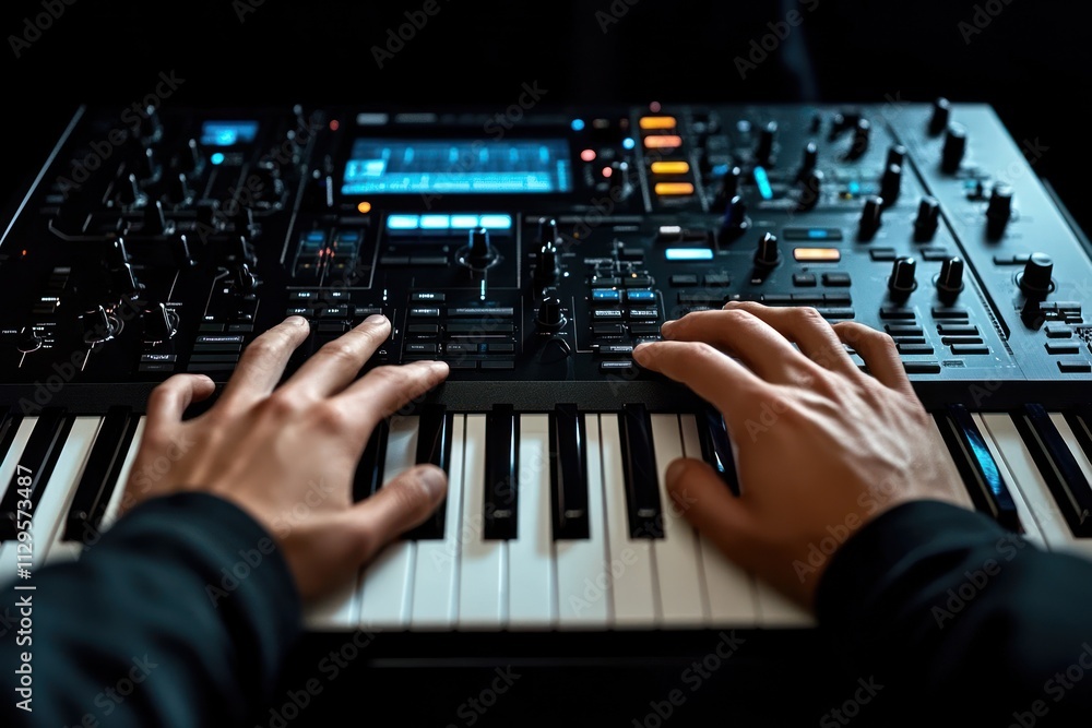 Poster Hands playing a synthesizer keyboard with illuminated controls.
