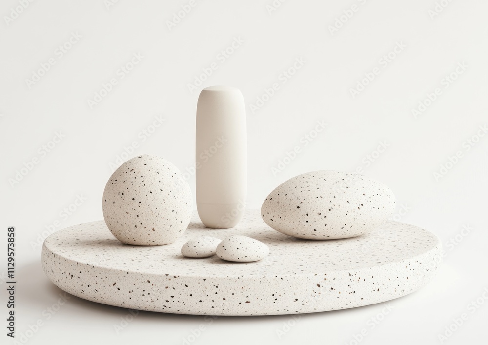 Poster minimalist white speckled stone objects on a round platform.