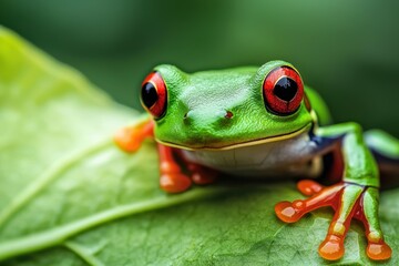 Naklejka premium A vibrant green tree frog with striking red eyes sits on a leaf, showcasing its colorful appearance and intricate details against a lush background.