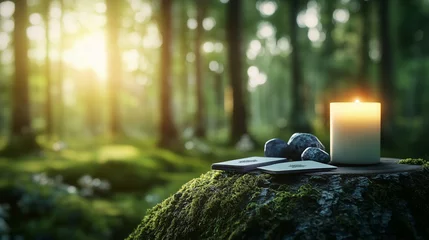The soft light of a lit candle bathes esoteric cards and healing crystals on a weathered tree trunk covered in moss, as mystical runes appear faintly glowing in the forest backgrou