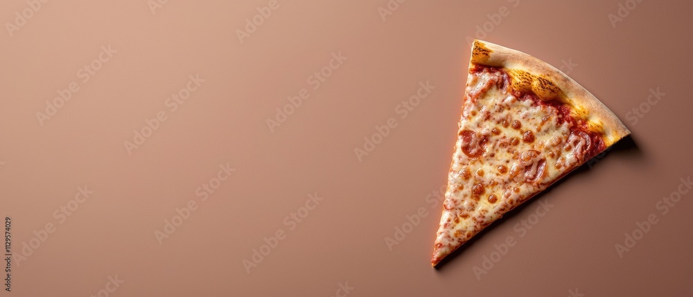 Poster close-up of a slice of pizza on a plain brown background. the pizza is triangular in shape and appea