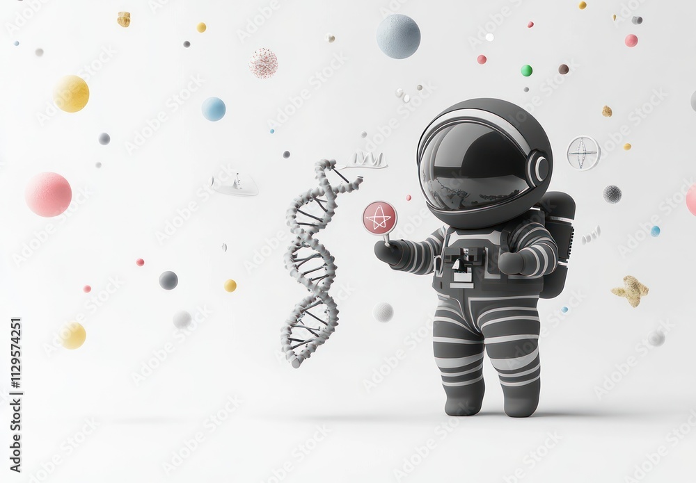 Poster astronaut holding dna double helix and lollipop in space.