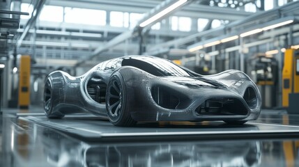 Sleek, futuristic car, factory setting.