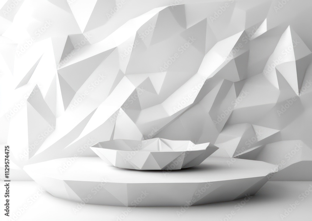 Poster White geometric abstract background with platform and bowl.