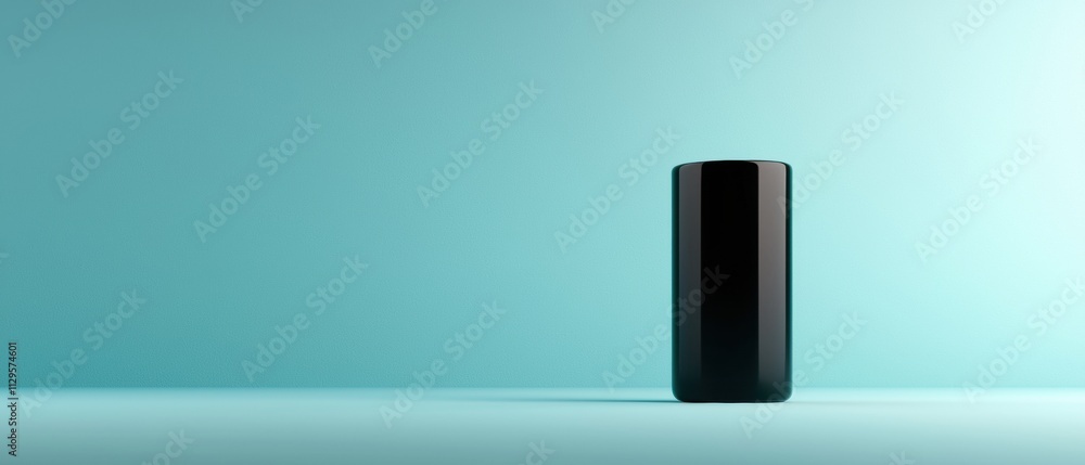 Poster black cylindrical object standing upright on a light blue background. the object appears to be made 
