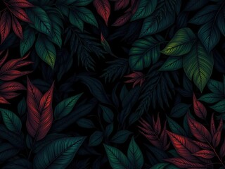 Dark pattern with exotic leaves in rich shades of green and purple, creating a bold and mysterious tropical aesthetic, vibrant, dramatic, lush