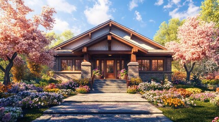 A Craftsman house with an elegant front porch, surrounded by blooming flowers and ornamental trees, creating a warm and welcoming atmosphere