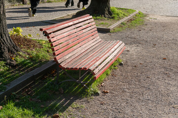 red bench, in an avenue of a park in Venice, in many Italian cities today it has become a symbol in memory of violence against women and prevention and awareness against gender violence and femicide.