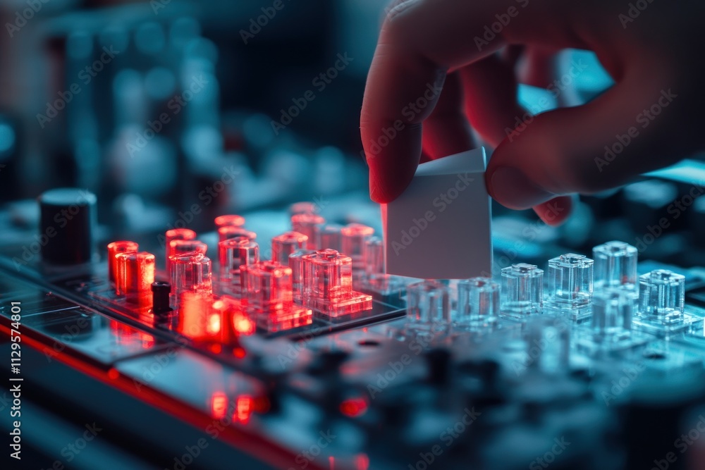 Leinwandbilder close-up of a hand placing a small component onto a complex electronic circuit board with glowing re