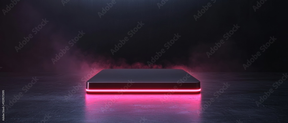 Poster rectangular rectangular object with a red light on top, placed on a dark surface. the object appears