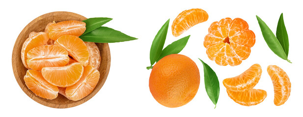 Tangerine or clementine slices in wooden bowl isolated on white background with full depth of field. Top view. Flat lay