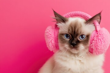 Cute kitten wearing pink earmuffs against a pink background.