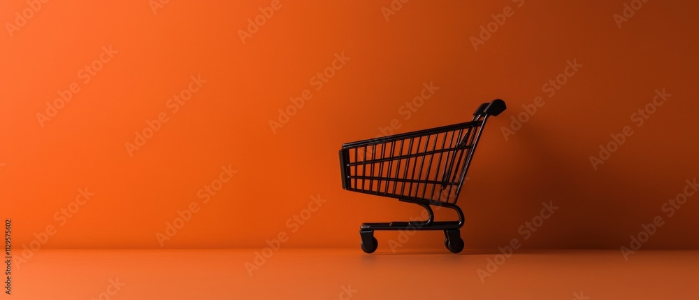 Aufkleber small black shopping cart on an orange background. the cart is empty and is positioned in the center