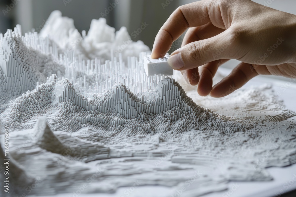 Poster hand placing a white block on a 3d topographic model.