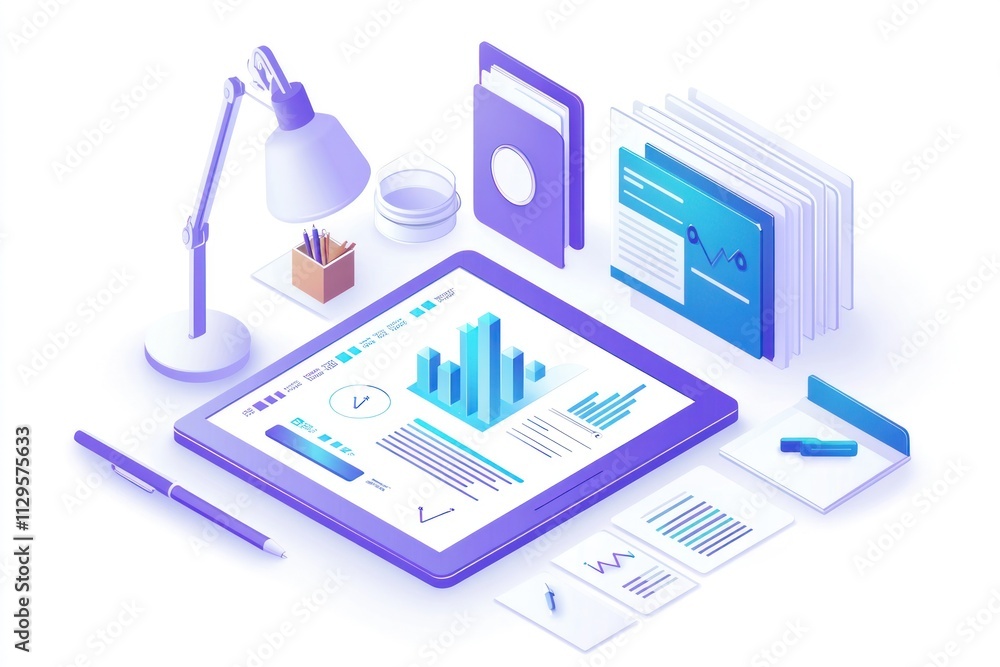 Leinwandbilder tablet displaying graphs, charts, and documents on a desk with a lamp and stationery.