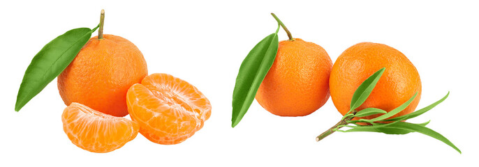 Tangerine or clementine with green leaf isolated on white background with full depth of field.