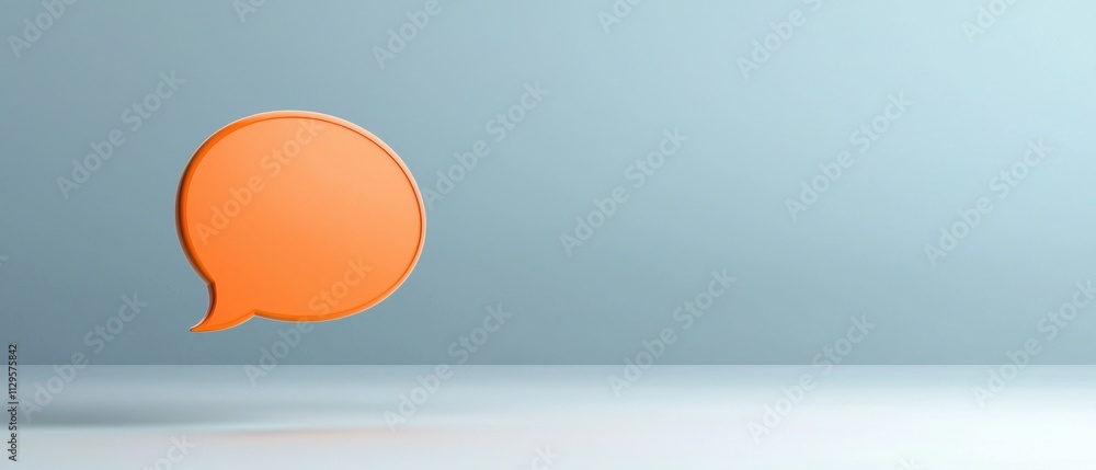 Poster 3d rendering of an orange speech bubble on a light blue background. the speech bubble is in the cent