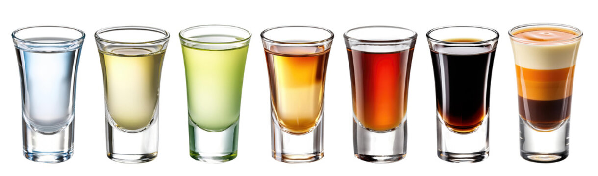a round of party shots collection: vodka, tequila, green tea, rum, liquor, jager, b-52, transparent glasses overlay