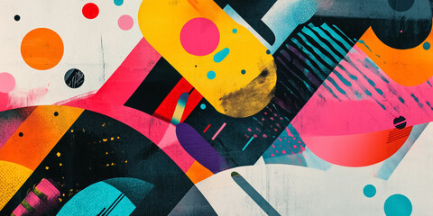 
Bold and blocky letters combined with spirals, dashed lines, and colorful dots, all layered over a dynamic, contrasting background.