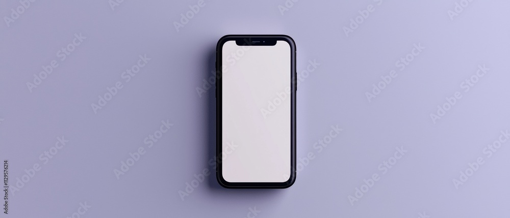 Poster flat lay of a black smartphone with a blank white screen. the phone is placed on a light purple back