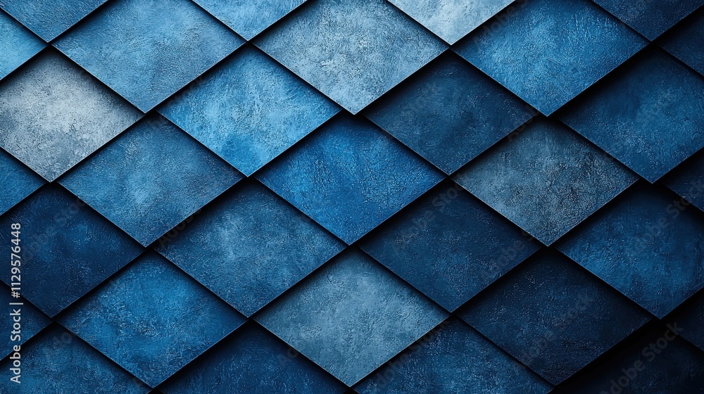 Poster textured blue background with diamond patterns created from tiles or panels in a modern design