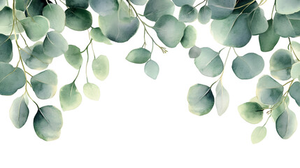 A watercolor banner featuring green eucalyptus leaves on a white background.