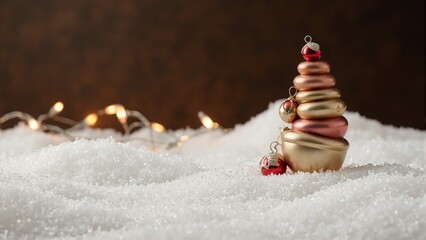 Festive gold and red ornaments in snow with soft glow of string lights