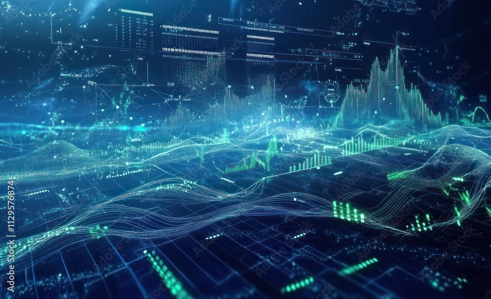 Poster abstract digital landscape with flowing data streams and graphs.