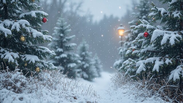 Festive snowy pine trees with ornaments and lantern glow - Powered by Adobe