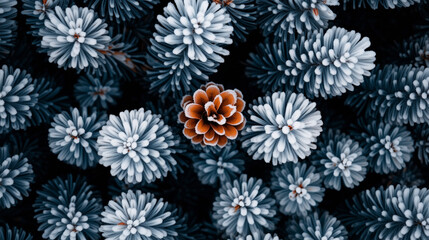 A high-resolution image of frost-covered blue pine-like structures with a single vivid orange element in the center, highlighting intricate textures and contrasting natural and surreal tones.