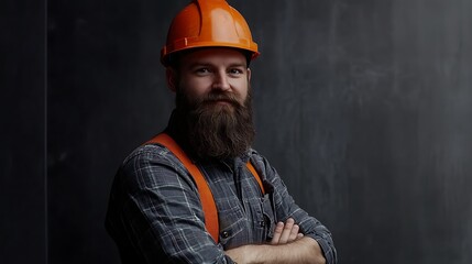 Portrait of a Bearded Construction Worker in an Orange Helmet