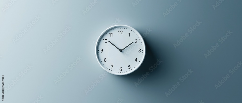 Poster close-up of a round clock face on a light blue background. the clock has a white face with black num