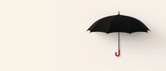 3d rendering of a black umbrella with a red handle. the umbrella is open and appears to be floating on a plain white background. the handle is curved and has a small loop at the top for hanging.