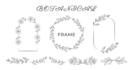 Frame for design. Minimalistic Herbal Botanical set of border. Collection of trendy modern hand drawn flowers. Single line art and clip art. Silhouette for wedding design. Branch, stem, petals, leaves