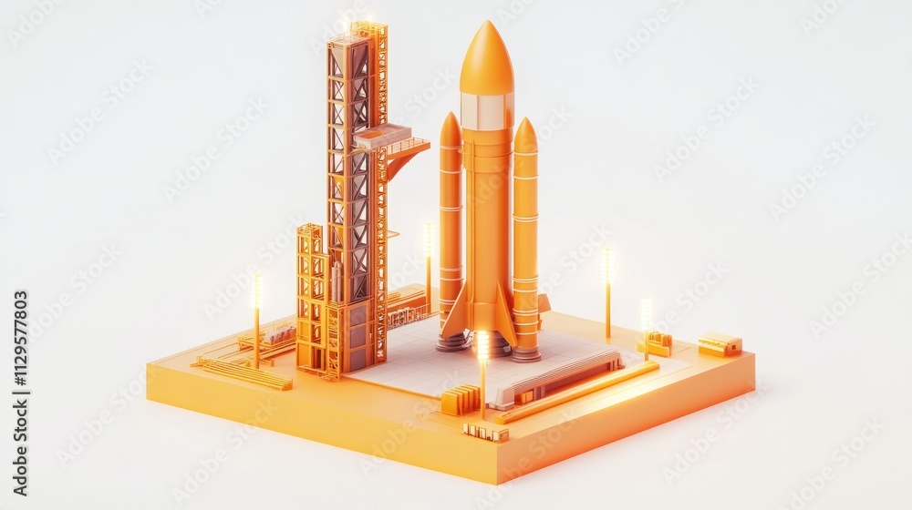 Aufkleber low-poly model of a rocket on a launchpad, ready for liftoff.