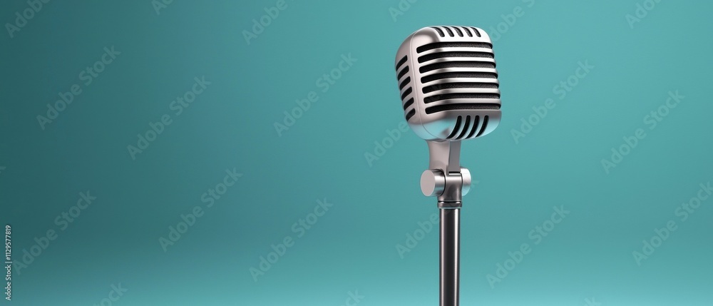 Poster close-up of a vintage microphone on a stand. the microphone is silver in color and has a round shape