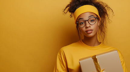 A bright and confident young female delivery worker showcases a neatly wrapped package, posed against a clean and neutral taupe backdrop.
